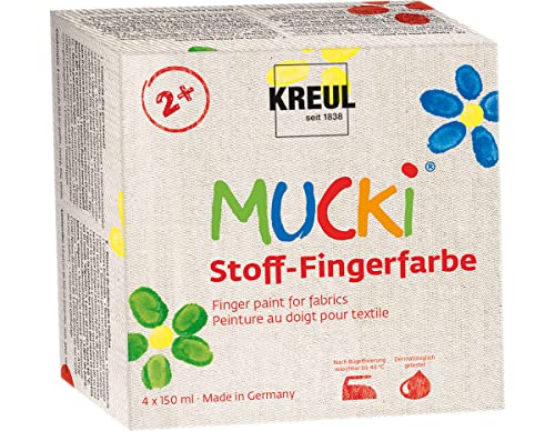 KREUL 28400 - Mucki Juego de 4 botes de pintura textil para dedos 150 ml Pintura vegana a base de agua sin parabenos, gluten ni lactosa