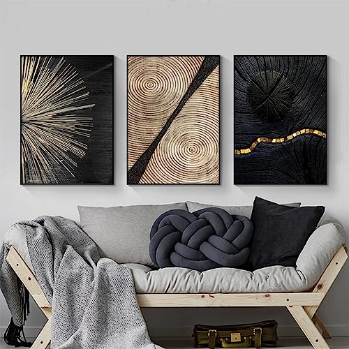 HOLEILUCK Pintura en lienzo negra dorada abstracta moderna textura de madera impresiones nórdicas cuadros de arte de pared para sala de estar decoración del hogar 70x12 5cm/28x49inx3pcs sin marco