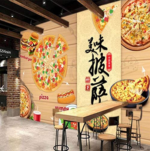 Murando Fotomurales Estilo Chino Pizza Hamburguesa Amarillo Mural Wallpaper 3D Comida Rápida Restaurante Occidental Grano De Madera Decoración Industrial 3D Murales De Pared