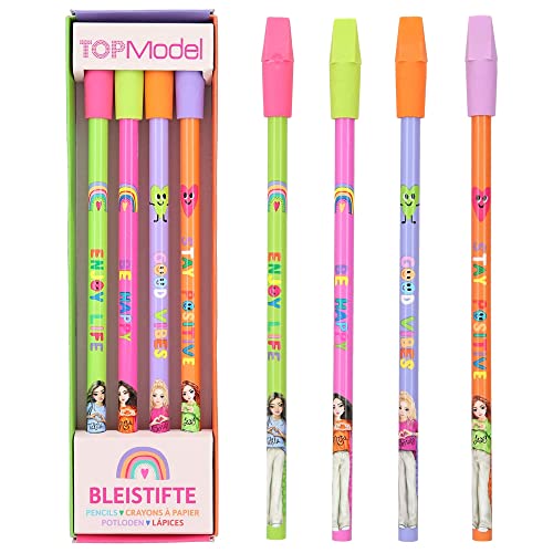 Depesche TopModel 12088 - Juego de 4 lápices en diseños de colores, dureza HB, incluye borrador de repuesto