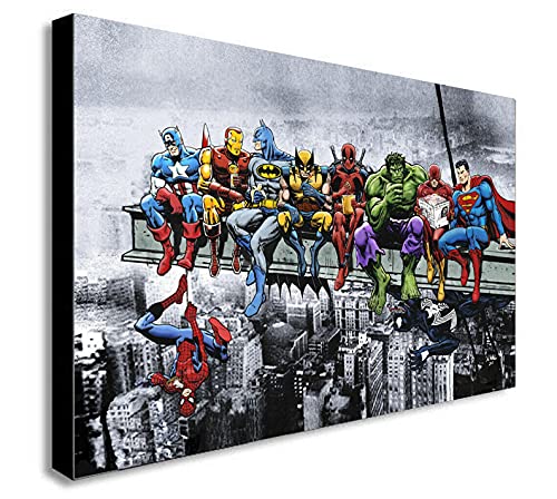 Superheroes - Lienzo decorativo enmarcado para pared con marco, diseño de comida en rascacielos, varios tamaños (A3 40,6 x 30,5 cm)