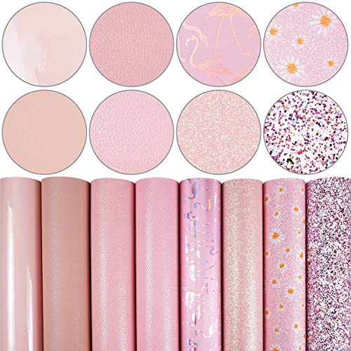 Juego de 8 hojas de piel sintética de 21 cm x 30 cm de color rosa claro de la serie Daisy fina brillante brillante metálico Litchi holográfico Flamingo de tela para arcos pendientes hacer manualidades