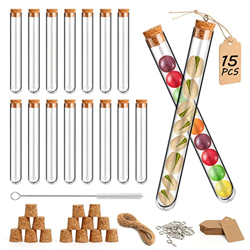 Tubos de Ensayo Plastico 20ml, 15 Tubos Ensayo con Corcho, Tubo de Ensayo Transparente con Tapones, Tubos Ensayo Especias, con Etiquetas de Papel Kraft y Cuerda de Yute, para Flores Dulces Laboratorio