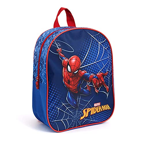 Mochila Escolar Spiderman para Niños 3 4 5 Años - Mochilita Niño para Guardería con Hombre Araña - Bolso Infantil Marvel Spider Man Viaje y Tiempo Libre Azul y Rojo - 30x24x10 cm - Perletti