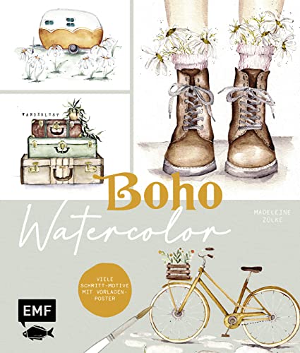 Boho Watercolor: Aquarell-Motive Schritt für Schritt im Vintage-Look malen - Mit Vorlagen-Poster