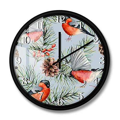 Relojes de pared , Bullfinch acuarela invierno patrón sin fisuras patrón silencioso reloj de pared de cuarzo con marco de metal for el dormitorio pájaros pintados a mano en ramas de pino decoración fo