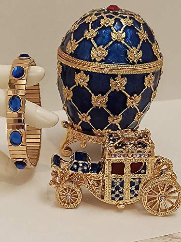 Fabrege egg decor Collectible Set Queens Carriage 24k GOLD Braclet Blue Faberge style egg LUXURY gifts for women 10ct austrian crystal Ruby 4.75ct HANDMADE DESIGNER Trinket box gift