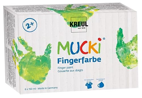 KREUL 2316 - Mucki Juego de 6 pintura de dedos de 150 ml Pintura vegana, lavable y aplicable con el dedo y el pincel Colores brillantes, pintura para dedos