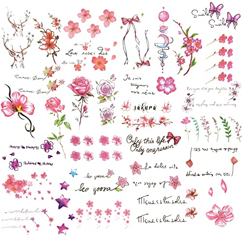 30 Hojas de Tatuaje Temporal de Flores Pegatinas de Tatuaje de Acuarela Rosadas Tatuajes Falsos Impermeables de Varios Diseños para Piel de Manos y Cuello
