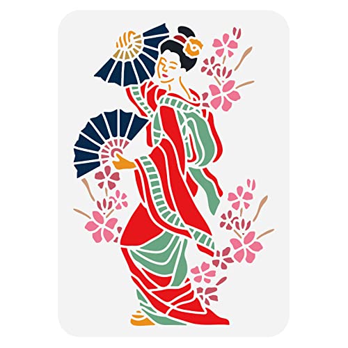 BENECREAT Plantillas Geisha Japonesa, 21x30 cm Bailarina Oriental Grandes Modelos de Pintura Reutilizables de Plástico Plantillas para Scrapbooking Muebles de Piso, Arte de Pared