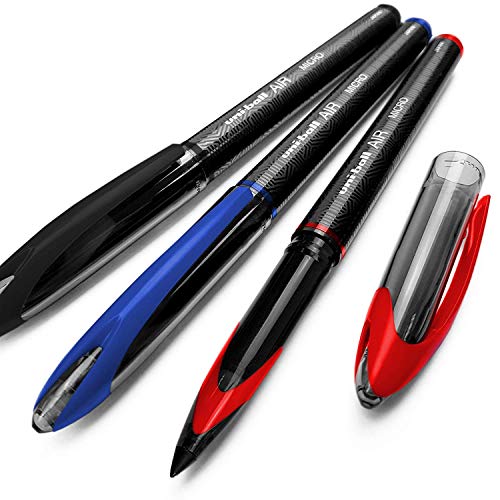 Uni-Ball Aire Micro - 0.5mm Fina Rollerball - 3 Pack - Negro, Azul, y Rojo - UBA-188-M