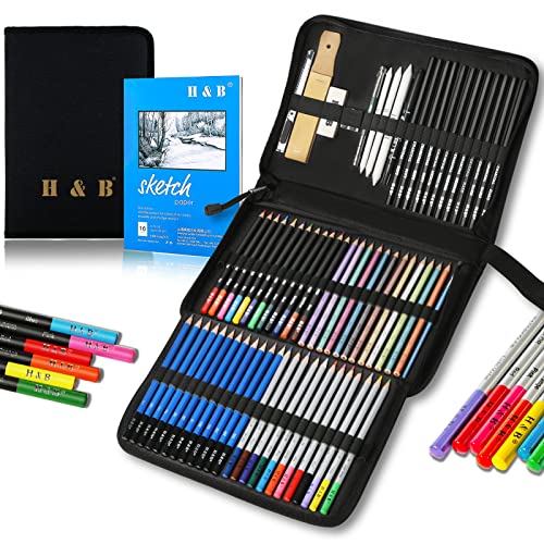 Lápices de dibujo y bloc de dibujo 72 piezas, juego de dibujo de lápices de colorear de artista H & B, kit de dibujo completo que incluye lápices de grafito y lápices de dibujo