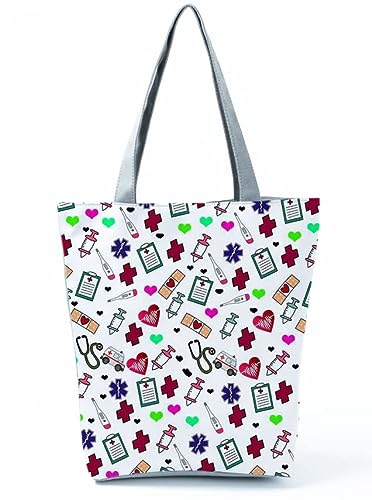 INN Bolso de enfermera de lona de algodón, bolsa de la compra, bolsa de tela, bolsa de algodón con estampado de dibujos para enfermería, trabajo diario, 42x34cm (corazonesverdes)