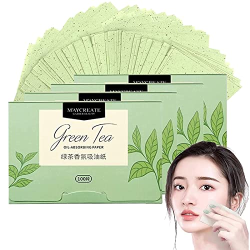 Papel Secante de Aceite 4 Paquetes Hojas Absorbentes de Aceite Papel Secante de Aceite Facial Natural, Papel Secante de Aceite, Papeles Secantes(Té verde)