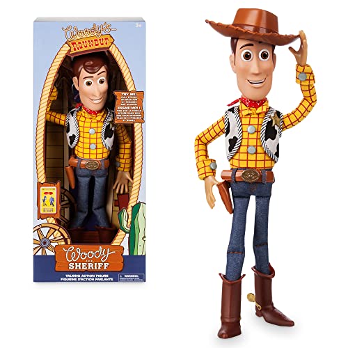 Disney Store: Woody, Figura de acción interactiva de Toy Story 4 con Voz, 35 cm, más de 10 Frases en inglés, interactúa con Otras Figuras y Juguetes, Luces láser, para Mayores de 3 años