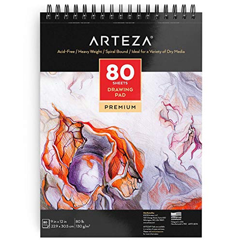 Arteza Cuaderno de dibujo, (22,9cm x 30,5cm), 80 hojas de 130 gramos sin ácido, encuadernado en doble espiral, bloc para medios secos, ideal para lápiz, carbón, cera o bolígrafo