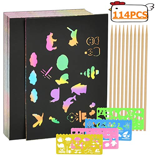 BUYGOO Scratch Art Paper 100 Hojas Dibujo Scratch Láminas para Rascar Creativas para Infantales, Manualidades, Escribir Listas, 4 Plantillas de Dibujo y 10 lápices de Madera, Colores del Arco Iris