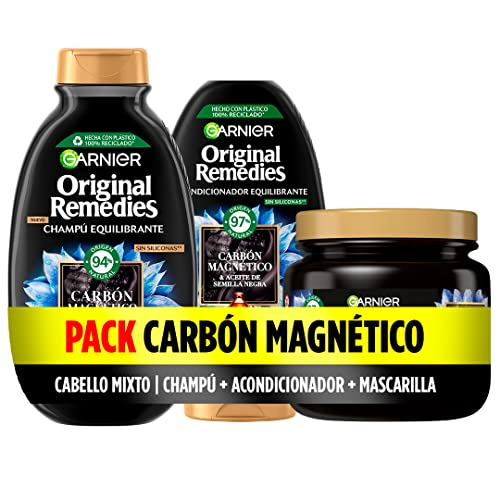 Garnier Original Remedies Pack Champú + Acondicionador + Mascarilla para Raíces Grasas y Puntas Secas, con Carbón Magnético, Limpia, Desenreda y Nutre, Para Cabello Mixto, Set de 3 Productos