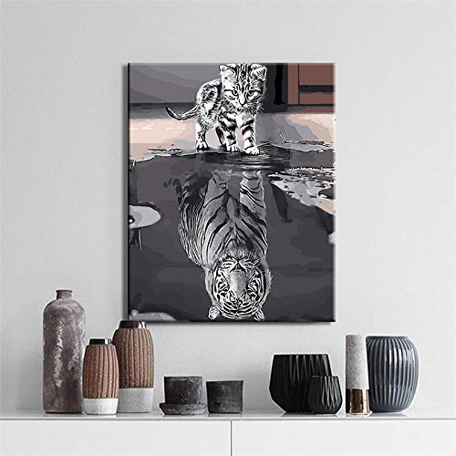 El reflejo de un gato es como un tigre estirado y enmarcado Cuadro sobre lienzo para pared Impresiones sobre lienzo para decoración del hogar 42x5 0cm/17x20in Con marco