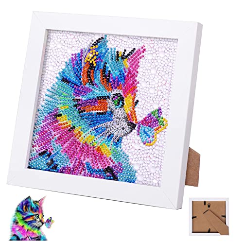 YOUDALIS 5D Diamond Painting Kits Pintura Diamante Completo Gato Mariposa Cuadros Diamantes con Marco de Madera para Decoración de la Pared del Hogar 18x18cm