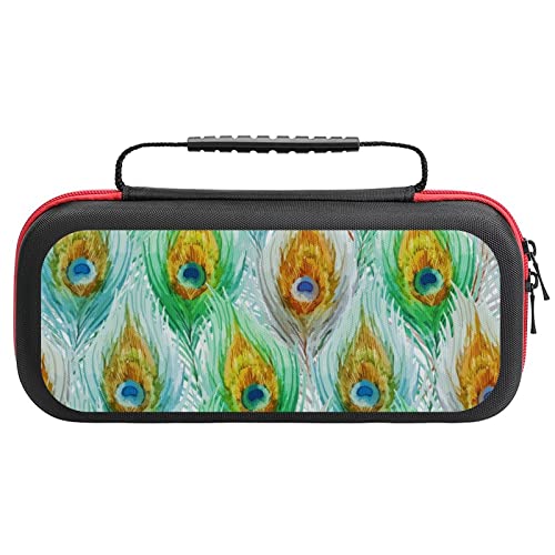 Bolsa de transporte con estampado de plumas de pavo real en acuarela para interruptor y accesorios, estuche de almacenamiento portátil