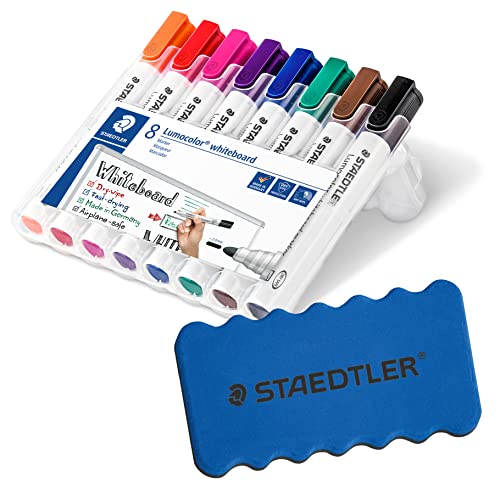 Staedtler Lumocolor 351 WP8 - Rotulador para pizarra blanca, punta redonda, 2 mm, caja de 8 colores, incluye borrador Staedtler