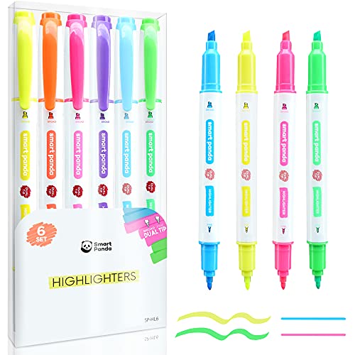 6 Subrayadores Color Pastel de SmartPanda – Rotuladores Fluorescentes de Dos Puntas, Gruesa y Fina – Juego de 6 Colores Variados