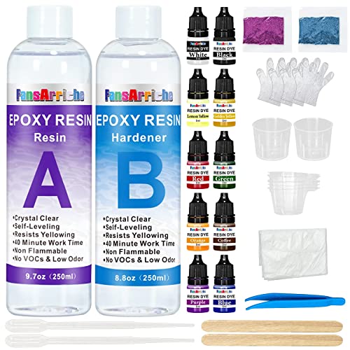 FansArriche Kit Resina Epoxi 500 ml, Kit de Inicio de Resina de Fundición de 2 Partes y Kit de Curado de Resina para Principiantes para Artes, Manualidades, Fabricación de Joyas