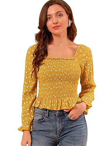 Allegra K Top de Blusa Fruncida con Textura de Manga Larga y Cuello Cuadrado con Volantes Florales para Mujer Amarillo XS