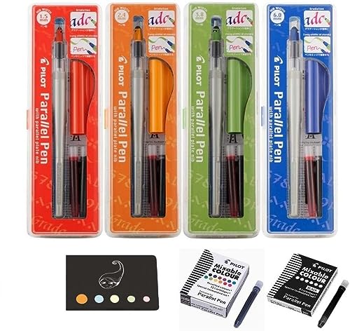Lote de 4 cajas Parallel Pen: 1,5 mm + 2,4 mm + 3,8 mm + 6,0 mm + 12 cartuchos de colores surtidos + 6 cartuchos negros + 1 índice adhesivo Blumie