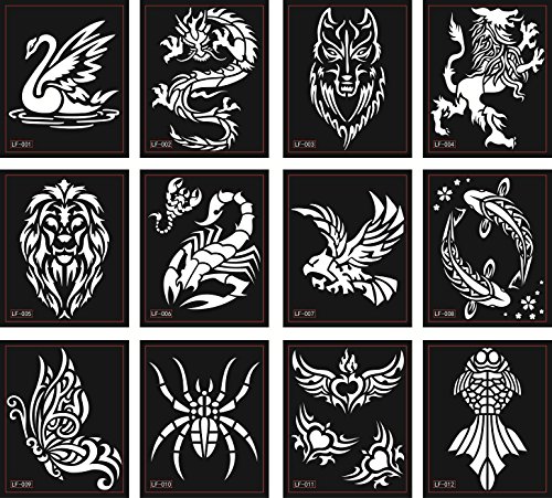Plantillas de tatuaje de animales, 12 hojas para tatuajes con purpurina, tatuaje y aerógrafo, araña, escorpio, león, mariposa y más