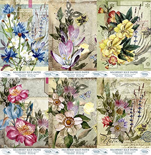 Papel de arroz para postales florales, 20,32 x 26,67 cm, 6 imágenes de papel de morera impresas, 30 g/m², fibras visibles para decoupage, manualidades, collage de arte