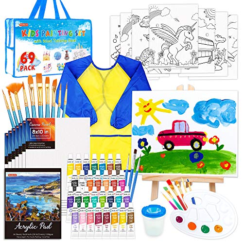 Paquete de 69 juegos de pintura para niños, juego de arte Shuttle Art para niños con pintura acrílica de 30 colores, caballete de madera, lienzos, almohadilla de pintura, pinceles, paleta