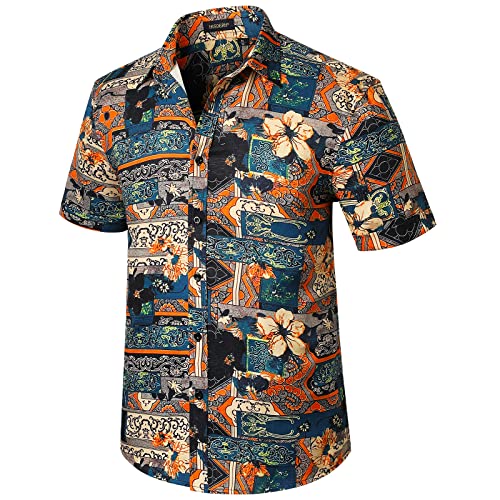 HISDERN Camisa Hawaiana Floral para Hombre Verano Manga Corta Casual Funky Aloha Playa Camisas para Hawaii Azul Marin/Naranja XL