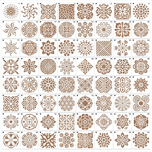 MWOOT 64 Pièces Mandala Geometric Painting Stencil,DIY Plástico Flor Plantilla para Pintar Reutilizable Template de Dibujo,Plantillas para Pintar en Mueble Tablón Tela Parede Lienzos Decoración(9x9CM)