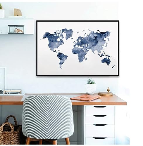 MYTAYT Mapa del mundo azul Impresión de mapa Póster Viajero Acuarela abstracta Cuadro sobre lienzo para pared Imagen para decoración de sala de estar-50X70Cm-Sin marco