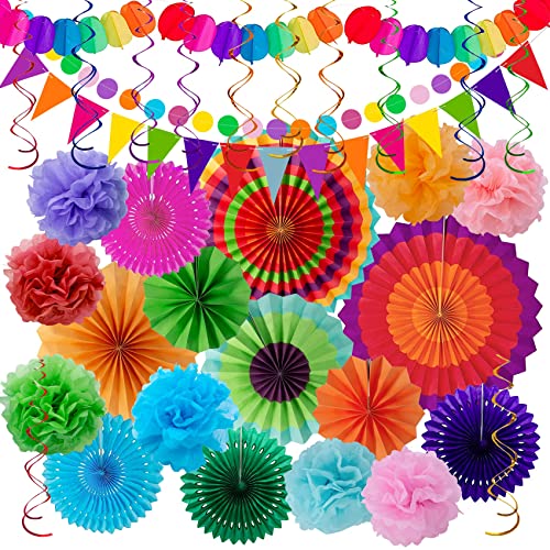 Huryfox Festoni Decoraciones para Fiestas, Cumpleaños y Carnaval - 33 Piezas Adorno Fiesta Mexicana Party Con Papel Coloreado Abanicos de Colgantes, pompones, Cintas de Tela y Guirnaldas de Banderitas