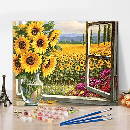 Pintura por números para adultos, pintura de girasol por números, 16 x 20 pulgadas adultos pintura por números Kits para principiantes sobre lienzo, girasoles en el alféizar de la ventana Pintura por