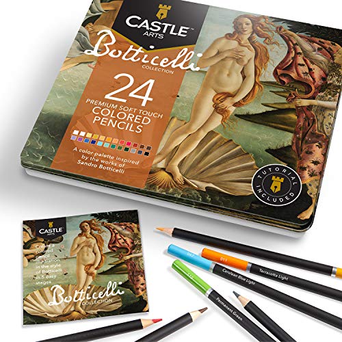 Castle Arts 24 lápices de colores en un estuche de metal, inspirado en Botticelli. Perfecto para dibujar, hacer bocetos, colorear. Con núcleos blandos, mezcla superior y juego de capas