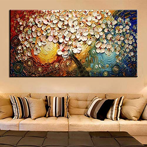 Gbwzz Cuchillo Grande Cuadros Florales Pintura Fina Decoración del Hogar Arte de la Pared Pintado A Mano Abstracto Colorido Flores Pinturas Al Óleo sobre Lienzo,70x140cm