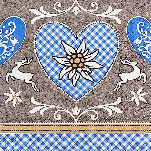 20 servilletas de papel con diseño de ciervo bávaro en forma de corazón con Edelweiss como decoración de mesa. Servilletas de papel con diseño. También para decoupage y decoupage y decoupage (33 x 33