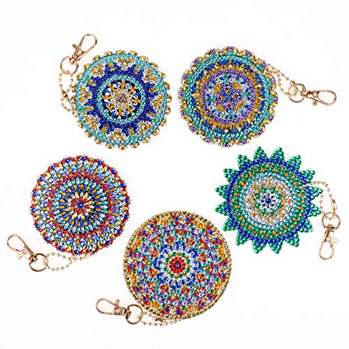 VETPW 5 Piezas 5D DIY Flor de Mandala Colgante Llavero Pintura Diamante, Doble Cara Diamond Art Painting Keychain Kit Completo Punto de Cruz Diamante Arts Crafts para Mochila Monedero Bolso Decoración