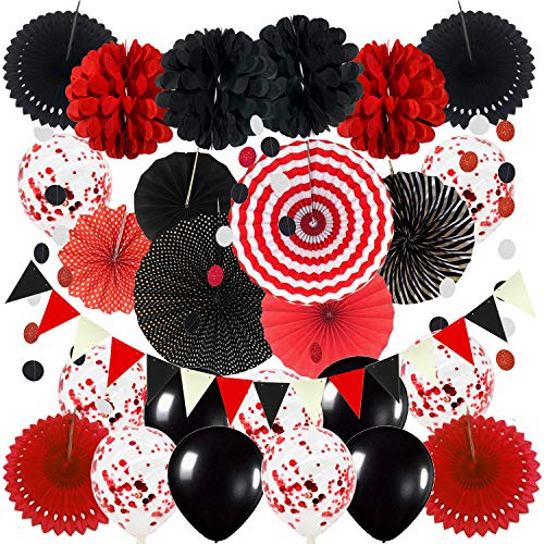 ZERODECO Decoración de fiesta, abanicos de papel colgantes, pompones de flores, guirnaldas de lunares y triángulo, banderines fáciles de montar, negro y rojo
