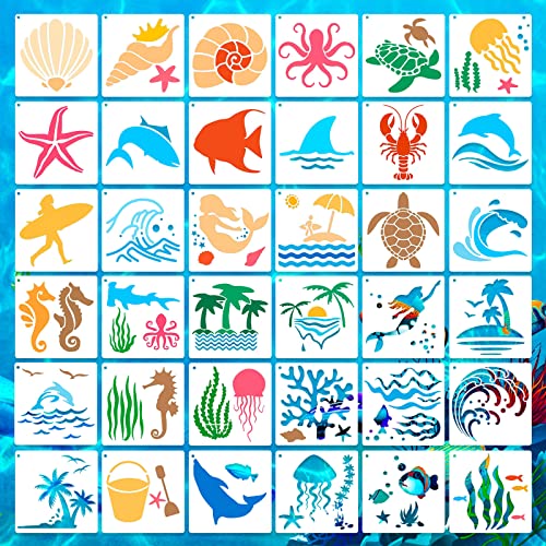 36 plantillas de criaturas oceánicas, plantilla reutilizable para animales marinos, plantilla de pintura artesanal con anillo abierto de metal, para pintar en la pared del suelo, muebles de tela de