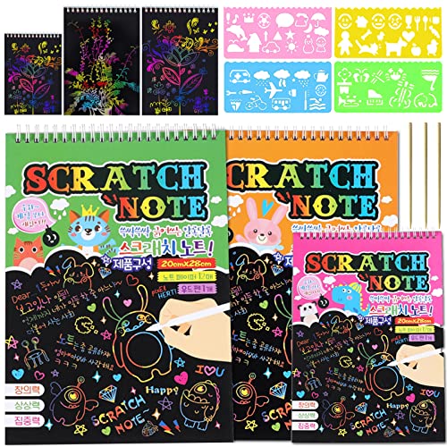 Dibujos para Rascar 3pcs Magic Scratch Scratch Art para NiñOs Arte De Rascar Viene con 3 BolíGrafos De Bambú y 4 Plantillas De Dibujo Regalos para NiñOs Y NiñAs Scratch Art Manualidades Creativas