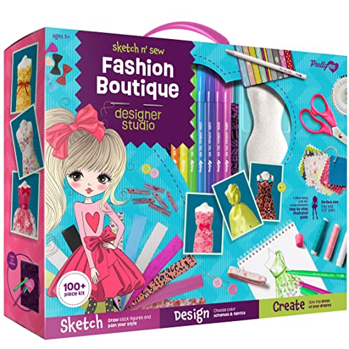 Estudio de diseño de moda Kit de costura para niños Kits de artes y manualidades para niñas de 6, 7, 8, 9, 1012 años Aprende a dibujar y coser con un cuaderno de bocetos de diseñador real