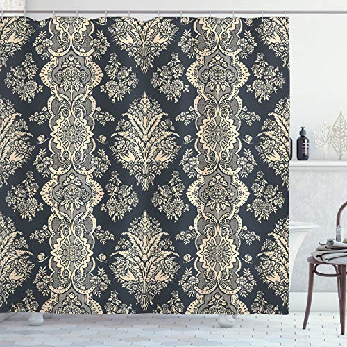 ABAKUHAUS Damasco Cortina de Baño, Barroco Victoriana, Material Resistente al Agua Durable Estampa Digital, 175 x 180 cm, Gris carbón Crema