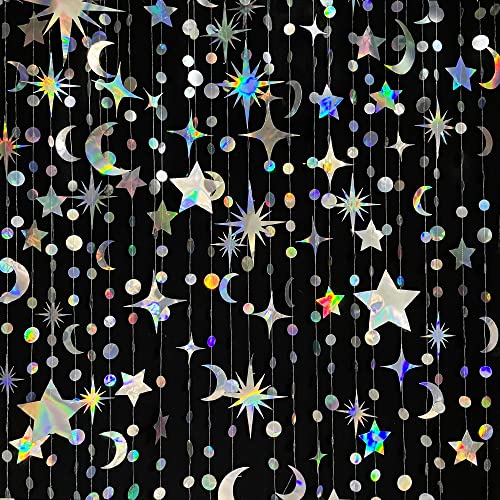Guirnalda de estrella iridiscente, diseño de luna, círculo, para decoración de fiestas, para colgar en media luna y centelleo, banderines para niños, EID Mubarak, decoración de boda