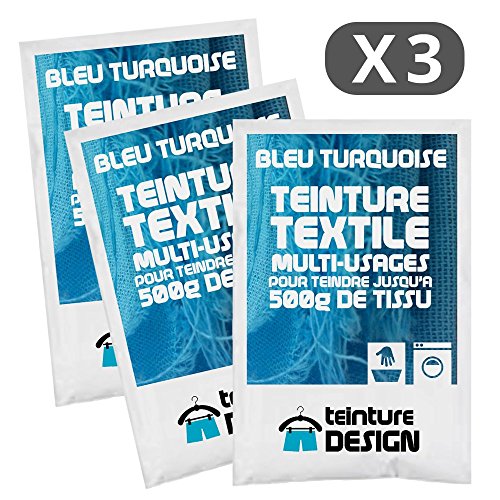 Lote de 3 bolsas de tinte textil, azul turquesa – tintes universales para ropa y tejidos naturales