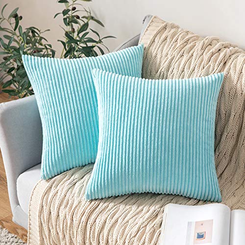 MIULEE Funda Cojines para Sofá Funda de Almohada de Corduroy Súper Suave Cojin de Pana a Rayas Decoración Moderna para Sofá Silla Cama Sala de Estar Dormitorio 45x45 cm 2 Piezas Azul Claro